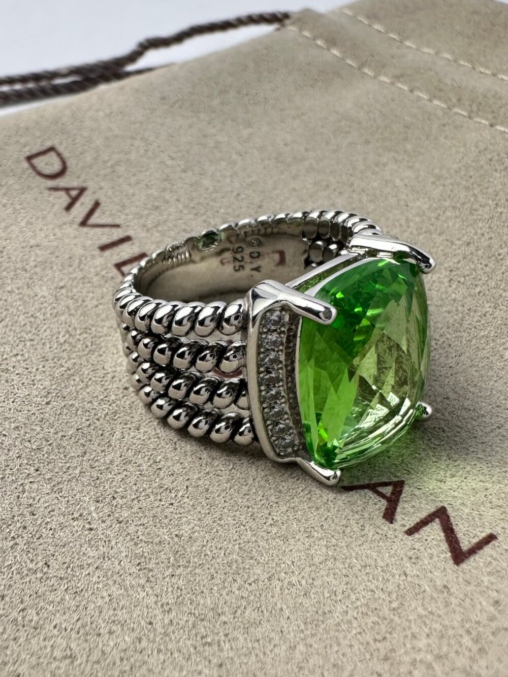 Sterling Silver David Yurman Green Peridot and Pave Accent Cable Ring Size 8